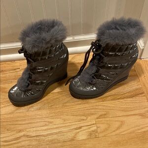 Gray Fur-Trimmed Wedge Boots